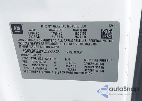 2012 GMC Acadia Slt-1 из США, поврежденный, VIN 1GKKRREDXCJ235345